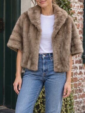 Regina Glenara by Glenoit Taupe Plush Shawl Collar Capelet Jacket Made USA